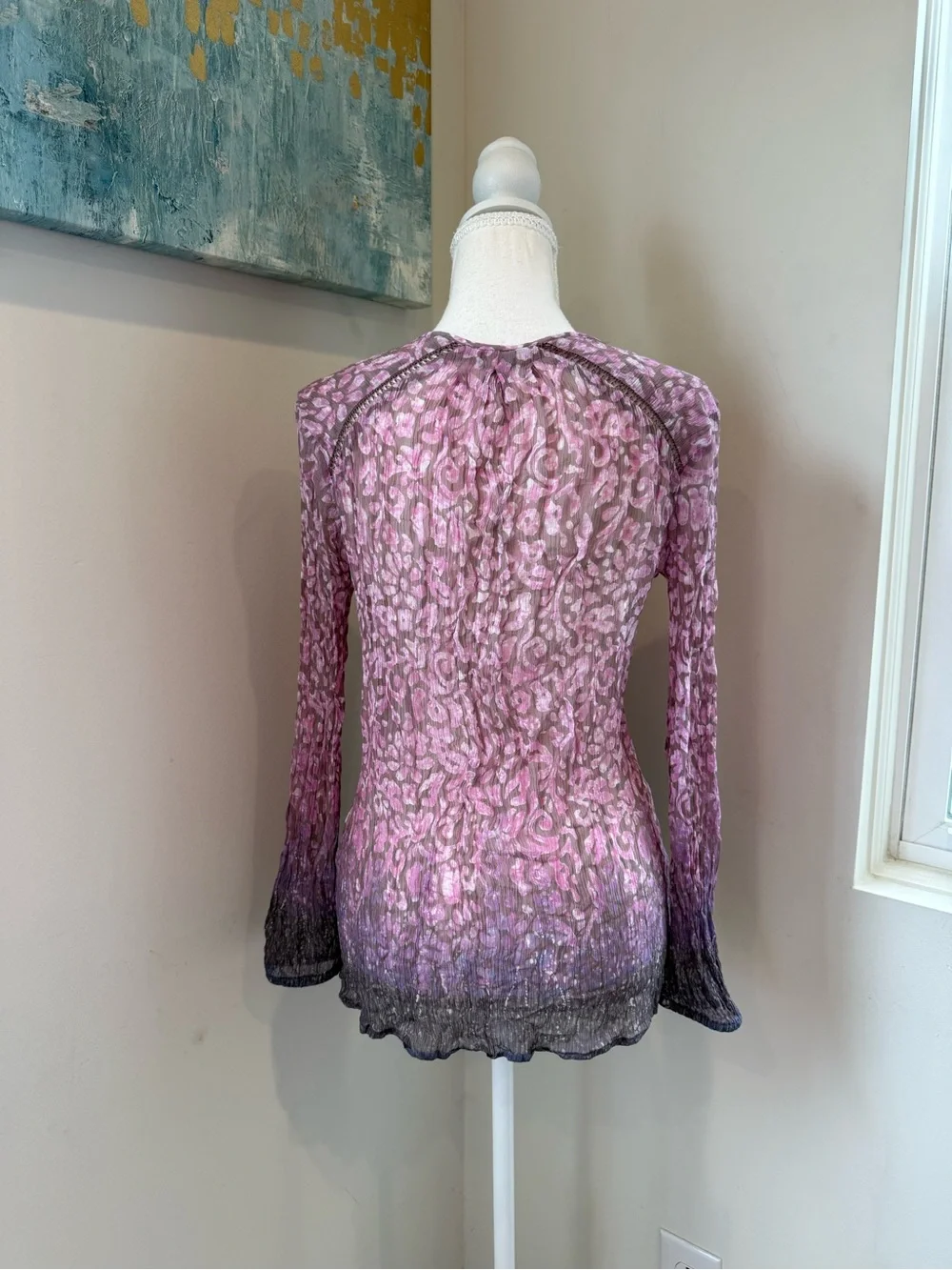 Lucky Brand Fairycore Pink Sheer Ombre Floral Long Sleeve V-Neck Top